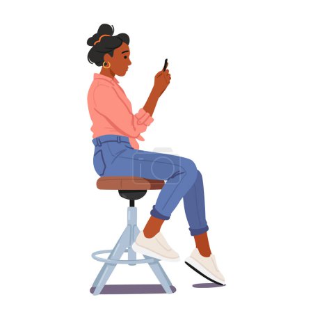 Illustration for Black Woman Sits Upright On A Chair, Maintaining Proper Body Posture, Engrossed In Smartphone. Her Poised Position Reflects A Balance Of Comfort And Attentiveness. Cartoon People Vector Illustration - Royalty Free Image