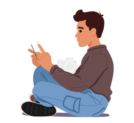 Illustration for Character Maintain An Upright Sitting Position With Relaxed Shoulders, Sitting On The Floor. Man Holds The Book At Eye Level, Comfortable And Healthy Reading Habits. Cartoon People Vector Illustration - Royalty Free Image