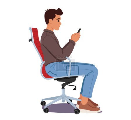 Illustration for Man Sits Upright On A Chair, Maintaining Proper Body Posture, Engrossed In His Smartphone. His Poised Position Reflects A Balance Of Comfort And Attentiveness. Cartoon People Vector Illustration - Royalty Free Image