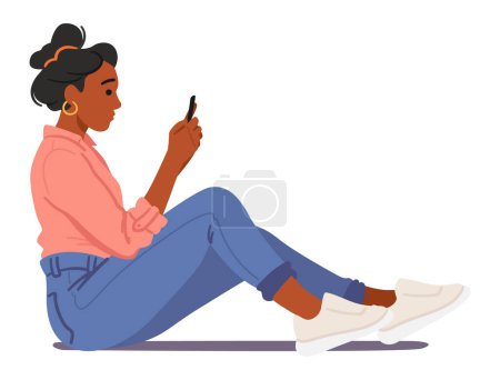 Illustration for Black Woman Sits Upright On Floor , Maintaining Proper Body Posture, Engrossed In Smartphone. Her Poised Position Reflects A Balance Of Comfort And Attentiveness. Cartoon People Vector Illustration - Royalty Free Image