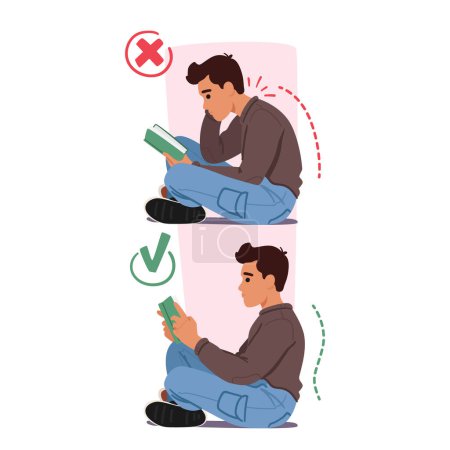 Illustration for Man Engrossed In A Book Sits On Floor With Proper And Improper Body Postures. Right Pose Involves Sitting With A Straight Back, Eyes At Screen Level. Wrong Includes Slouching, Or Straining The Neck - Royalty Free Image