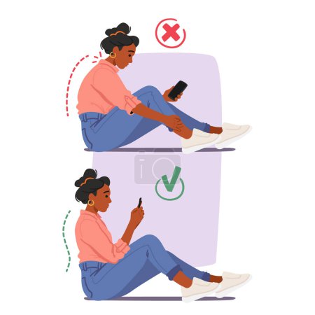 Illustration for Right and Improper Poses for Using Mobile. In The Wrong Posture, Female Character Slouches, Hunched Over The Smartphone. In The Proper Posture, she Sits Upright, Maintaining Ergonomic Position - Royalty Free Image