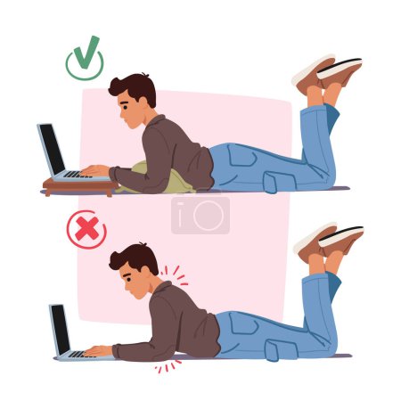 Illustration for Bad and Good Body Poses while Working with Laptop. In The Wrong Posture, Man Slouches, Straining The Back. In The Proper Posture, he uses a Pillow Maintaining Healthier Alignment. Vector Illustration - Royalty Free Image