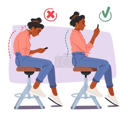 Illustration for In The Wrong Posture, Female Character Slouches On A Chair, Hunched Over The Smartphone. In The Proper Posture, She Sits Upright, Maintaining A Balanced And Ergonomic Position While Using The Device - Royalty Free Image