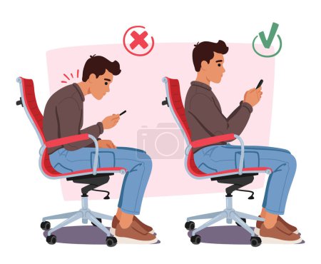 Illustration for In The Wrong Posture, Male Character Slouches On A Chair, Hunched Over The Smartphone. In The Proper Posture, He Sits Upright, Maintaining A Balanced And Ergonomic Position While Using The Device - Royalty Free Image