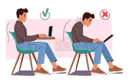 Illustration for Man Bad and Good Poses for Working on Pc. Wrong, Hunched Back And Cramped Shoulders. Proper, Straight Back, And Relaxed Shoulders, For Ergonomic Laptop Use, Promoting Better Posture And Comfort - Royalty Free Image