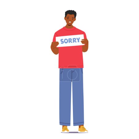 Illustration for Regretful And Sincere Black Man Offered A Heartfelt Apology, Expressing Remorse And Acknowledging His Mistake. Character Holding Banner with Sorry Word, Seeking Understanding And Forgiveness, Vector - Royalty Free Image
