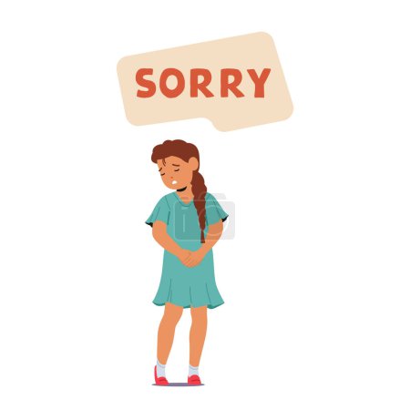 Illustration for Child Humbly Apologizes With Remorseful Eyes And Sincere Tone. Little Girl Character Saying Sorry For The Mistake Made Eager To Mend The Hurt And Learn From The Experience. Cartoon Vector Illustration - Royalty Free Image