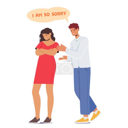 Illustration for With Genuine Remorse In His Eyes, The Man Humbly Apologized To The Woman, Expressing Regret For Any Hurt Caused, And Sincerely Pledging To Make Amends For His Mistakes. Cartoon Vector Illustration - Royalty Free Image