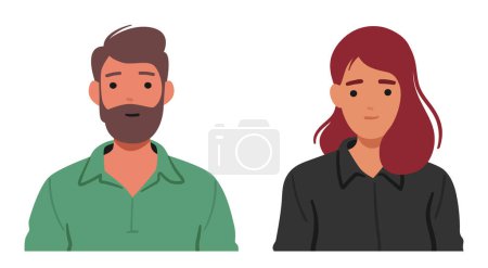 Illustration for Man and Woman with Serene Facial Expression Exude Tranquility, Calm Eyes And Gentle Smile Revealing A Peaceful Demeanor That Captivates With Aura Of Quiet Confidence. Cartoon Vector Illustration - Royalty Free Image