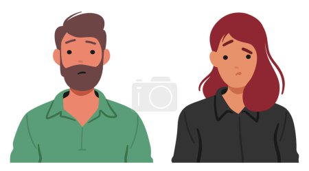 Illustration for Man and Woman Faces Wore Distressed Expression, Marked By Arched Brows And Downturned Lips. Characters Conveying Palpable Sense Of Unhappiness And Emotional Turmoil. Cartoon People Vector Illustration - Royalty Free Image