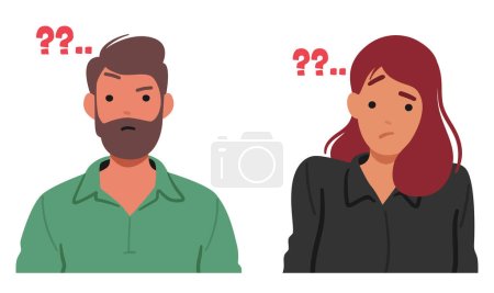 Illustration for Man and Woman Faces Contorted in Confusion, Eyebrows Raised, And Lips Forming A Questioning Expression, As If Lost In Maze Of Uncertainties. Cartoon Characters Searching For Answers In their Thoughts - Royalty Free Image