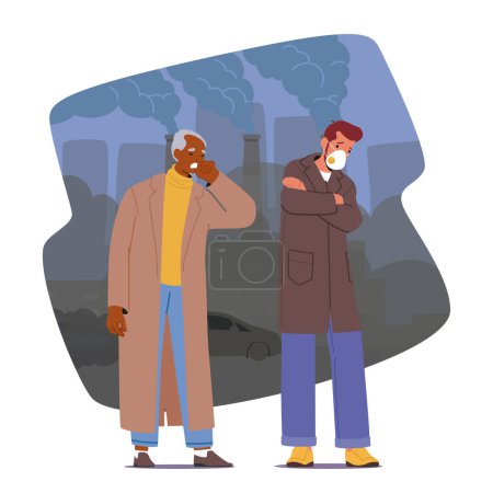 Illustration for Characters Amidst Thick Air Pollution, Sorrowful People Don Protective Masks, Eyes Reflecting Concern. A Bleak Atmosphere Hangs, A Visual Testament To The Pervasive Impact Of Environmental Degradation - Royalty Free Image