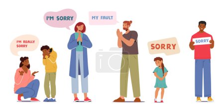 Illustration for Characters Humbly Express Remorse, Uttering Sincere Apologies, Seeking Reconciliation And Understanding, Saying Sorry. People Mending Bonds And Acknowledging Mistakes. Cartoon Vector Illustration - Royalty Free Image