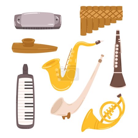 Illustration for Flute, Trumpet, Saxophone and Clarinet, Oboe, Trombone, French Horn, Piccolo, Bassoon, Harmonica, Pan Flute, Ocarina and Tuba Are Diverse Wind Instruments In Music. Cartoon Vector Illustration - Royalty Free Image