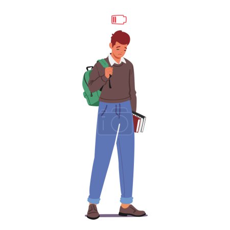 Illustration for Weary, Despondent Student Carries A Heavy Backpack And A Thick Book, Shoulders Slouched, Eyes Drooping From Exhaustion, Burdened By The Weight Of Academic Responsibilities. Cartoon Vector Illustration - Royalty Free Image