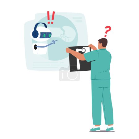 Arzt beschäftigt einen Ai-Chat-Bot-Assistenten im Bereich der medizinischen Traumatologie, um Röntgenbilder zu analysieren, die diagnostische Effizienz zu verbessern und schnelle Entscheidungen zur Patientenversorgung zu erleichtern. Vektorillustration