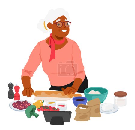 Ilustración de Mujer mayor, con la cara arrugada y una sonrisa cálida, expertamente artesanía una pizza casera en su acogedora cocina, rodeada por el delicioso aroma de la masa para hornear y sabrosos ingredientes. Ilustración vectorial - Imagen libre de derechos