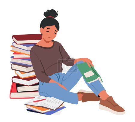 Illustration for Exhausted And Disheartened, Weary Student Character Slumps Amidst A Tower Of Books, Drowning In Academic Stress, her Eyes Reflecting The Weight Of Endless Studying. Cartoon People Vector Illustration - Royalty Free Image