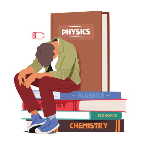 Exhausted Student Character, Head Bowed In Weariness, Encircled By A Fortress Of Books, A Visual Testament To Academic Struggles And Relentless Pursuit Of Knowledge. Cartoon People Vector Illustration