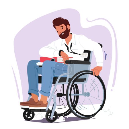 Illustration for Determined Disabled Man In A Wheelchair, Documents Piled On His Lap, Races Against Time, Glancing At His Wristwatch, Embodying Resilience And Commitment In A Busy Work Environment. Vector Illustration - Royalty Free Image