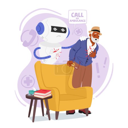 Illustration for Compassionate Chatbot Swiftly Aids An Elderly Male Character Experiencing A Heart Attack By Guiding Him Through Emergency Steps, Calling For Help, And Providing Reassurance Until Assistance Arrives - Royalty Free Image