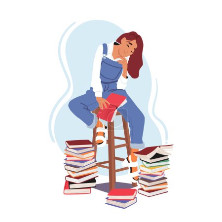Illustration pour Femme mignonne trouve joie en lisant des livres assis sur tabouret haut à la bibliothèque ou à la maison, ses yeux remplis de fascination alors qu'elle s'immerge dans des histoires captivantes, voyageant à travers les pages et l'imagination - image libre de droit