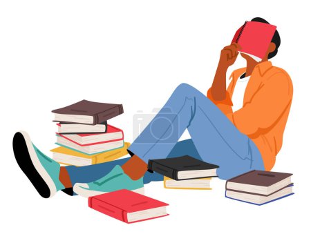 Illustration for Tired, Exhausted Student Surrounded By Towering Books, Weary Character Reveals The Strain Of Academic Challenges, Creating A Poignant Scene Of Scholarly Fatigue. Cartoon People Vector Illustration - Royalty Free Image