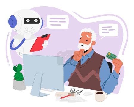Illustration for Elderly Man, Assisted By A Friendly Chatbot, Navigates Online Payments, Ensuring Secure Transactions And A Digital Experience In The Realm Of Technology. Character Cartoon People Vector Illustration - Royalty Free Image