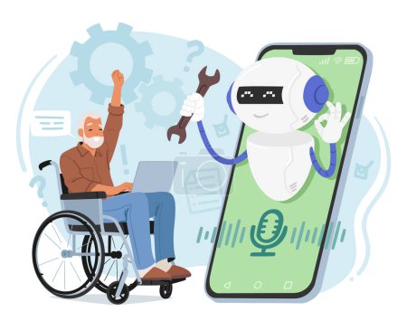 Illustration for Chat Bot Assistant Helps Elderly Man On A Wheelchair, Offers Technical Support Online With Compassion And Expertise, Ready To Assist Users With A Friendly Demeanor. Cartoon People Vector Illustration - Royalty Free Image