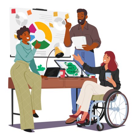 Disabled Woman On Wheelchair In Bustling Office with Colleagues. Female Character Showcasing Resilience As She Contributes To Workplace With Skill And Determination. Cartoon People Vector Illustration