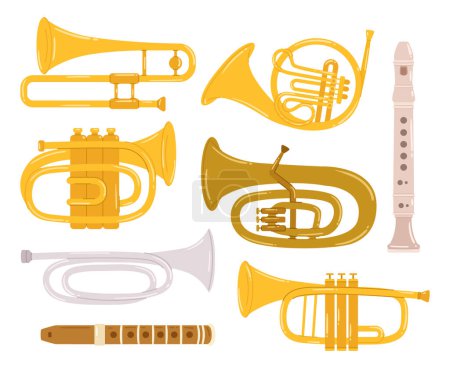 Illustration for Musical Wind Instruments Set. Flute, Trumpet, Saxophone, Clarinet and Oboe. Trombone, French Horn, Piccolo with Bassoon, Harmonica and Pan Flute, Ocarina with Tuba. Cartoon Vector Illustration - Royalty Free Image