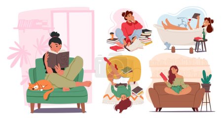 Cute Women Indulge In The Joy Of Reading, Eyes Glued To The Pages, A Contented Smile On Face As they Immerse themselves In The Captivating Worlds Woven By Words. Cartoon People Vector Illustration