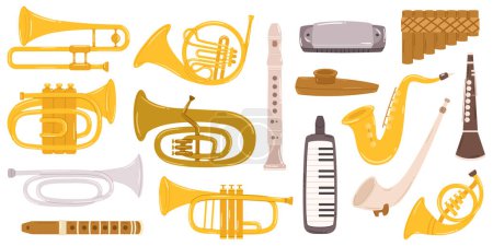 Illustration for Flute, Clarinet, Saxophone, Trumpet, Trombone, Oboe, Bassoon, French Horn, Tuba, Piccolo, And Ocarina. Diverse Wind Instruments Collection That Create Beautiful Melodies. Cartoon Vector Illustration - Royalty Free Image