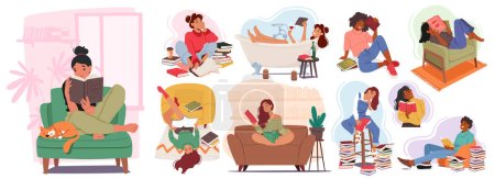 Illustration for Cute Women Engrossed In Reading Books, Characters Captivated By Stories Within The Pages, Eyes Sparkling With Curiosity And Imagination Whisked Away To New Worlds. Cartoon People Vector Illustration - Royalty Free Image