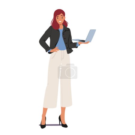 Illustration for Young, Confident Female Teacher Stands Poised, Holding A Laptop, Ready To Impart Knowledge. Her Presence Exudes Professionalism As She Engages In The Modern World Of Education. Vector Illustration - Royalty Free Image