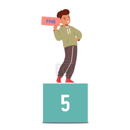 Illustration for Delightful Child Joyfully Presents The Number Five, Representing Achievement In Math Learning And Explore The World Of Numbers, For Further Mathematical Discoveries. Cartoon People Vector Illustration - Royalty Free Image
