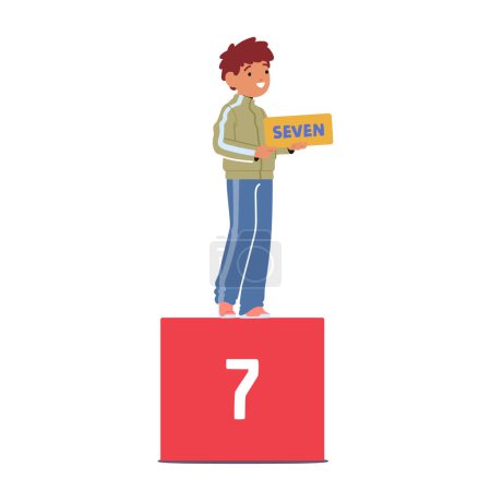 Illustration for Cute Smiling Child Holding The Number Seven, Representing A Cheerful Approach To Learning Math. Preschool Education, Mathematics Learning Concept with Kid Character. Cartoon People Vector Illustration - Royalty Free Image