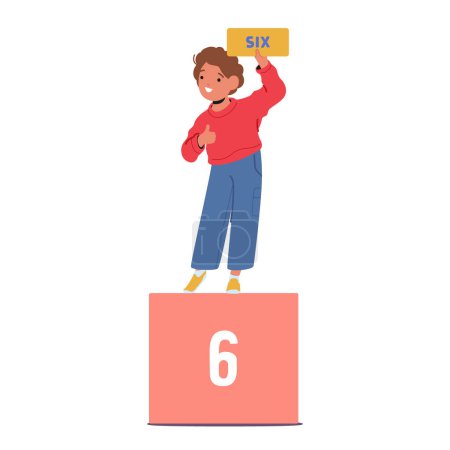 Illustration for Cheerful Child Holding The Number Six, Representing An Engaging Way To Introduce Math Concepts To Young Learners. Little Boy Character Learning Arithmetic. Cartoon People Vector Illustration - Royalty Free Image