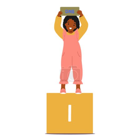 Illustration for Cheerful Child Girl Proudly Holds Up The Number One, Symbolizing Beginning Of Math Learning And Excitement Of Exploring The World Of Numbers And Problem-solving. Cartoon People Vector Illustration - Royalty Free Image
