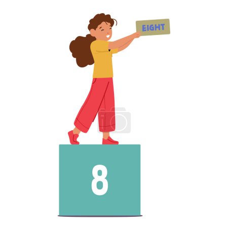Ilustración de Alegre personaje de niña sosteniendo el número ocho, representando un aprendizaje de matemáticas alegre e interesante. Concepto que enfatiza la comprensión numérica y visual. Dibujos animados Gente Vector Ilustración - Imagen libre de derechos