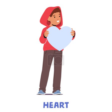 Illustration for Kid Boy Character Holds A Heart Shape, Exploring Fun Side Of Geometry, Where Shapes Become An Adventure In Learning, Merging Curiosity With Wonders Of Mathematics. Cartoon People Vector Illustration - Royalty Free Image