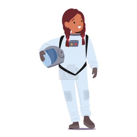 Illustration for Young Girl Astronaut, Clad In A Spacesuit, Cradles Her Helmet With Wide-eyed Wonder, Embodying Dreams Of Cosmic Exploration And The Limitless Possibilities Of The Universe. Cartoon Vector Illustration - Royalty Free Image