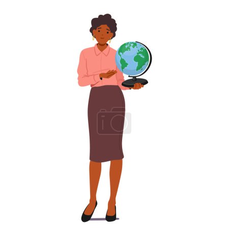 Knowledgeable Woman Geography Teacher Character Passionately Imparts Wisdom, Gesturing Toward A Spinning Globe, Unraveling The Wonders Of The World In Classroom. Cartoon People Vector Illustration