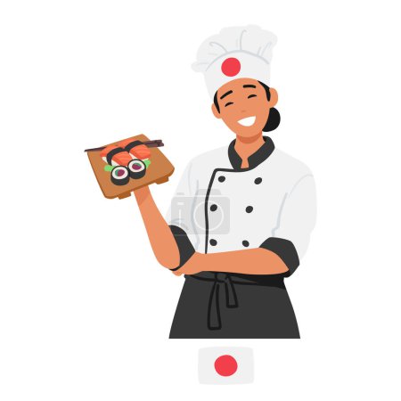 Téléchargez les illustrations : Sushi d'affichage de chef japonais, chaque morceau méticuleusement formé avec précision et soin, montrant l'art et la dédicace qui définissent les saveurs exquises de la cuisine japonaise authentique, vecteur - en licence libre de droit