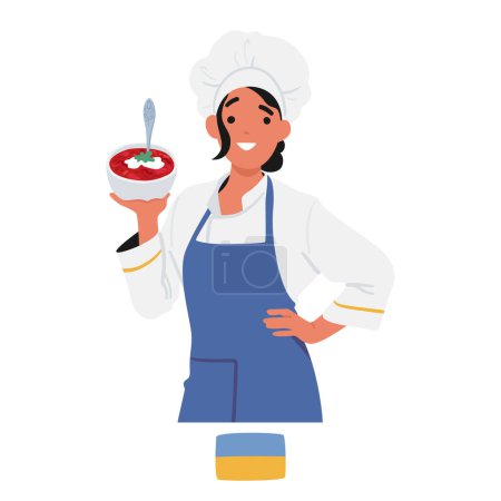 Ilustración de La chef ucraniana se enorgullece de presentar un cuenco humeante de Borsch vibrante, mostrando su destreza culinaria con un plato tradicional que refleja sabores ricos y calidez abundante de su cultura, Vector - Imagen libre de derechos