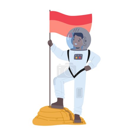 Ilustración de El joven astronauta se destaca orgullosamente en un planeta alienígena, sosteniendo una bandera con una expresión determinada, rodeada por el paisaje sobrenatural de un cuerpo celeste inexplorado. Ilustración de vectores de dibujos animados - Imagen libre de derechos