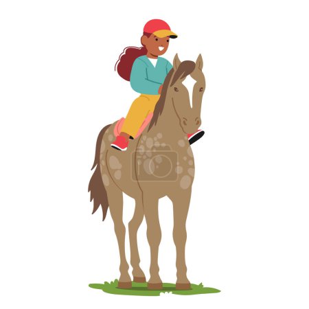 Téléchargez les illustrations : Joyeux personnage de petite fille monte son cheval à travers un champ d'été ensoleillé, leur rire écho au milieu de la prairie vibrante, la création d'un bonheur insouciant intemporel. Illustration vectorielle des personnages de bande dessinée - en licence libre de droit