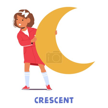 Illustration for Curious Kid Holds A Crescent Shape, Exploring Geometry With Wonder. Shapes Come Alive As Learning Unfolds, Sparking The Joy Of Discovery In A World Of Angles And Curves. Cartoon Vector Illustration - Royalty Free Image