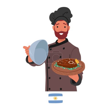 Téléchargez les illustrations : Le chef argentin présente fièrement un plateau avec de la viande grillée succulente, l'arôme de saveurs étourdissantes remplissant l'air, un témoignage de l'expertise culinaire et de la passion pour une cuisine délicieuse - en licence libre de droit